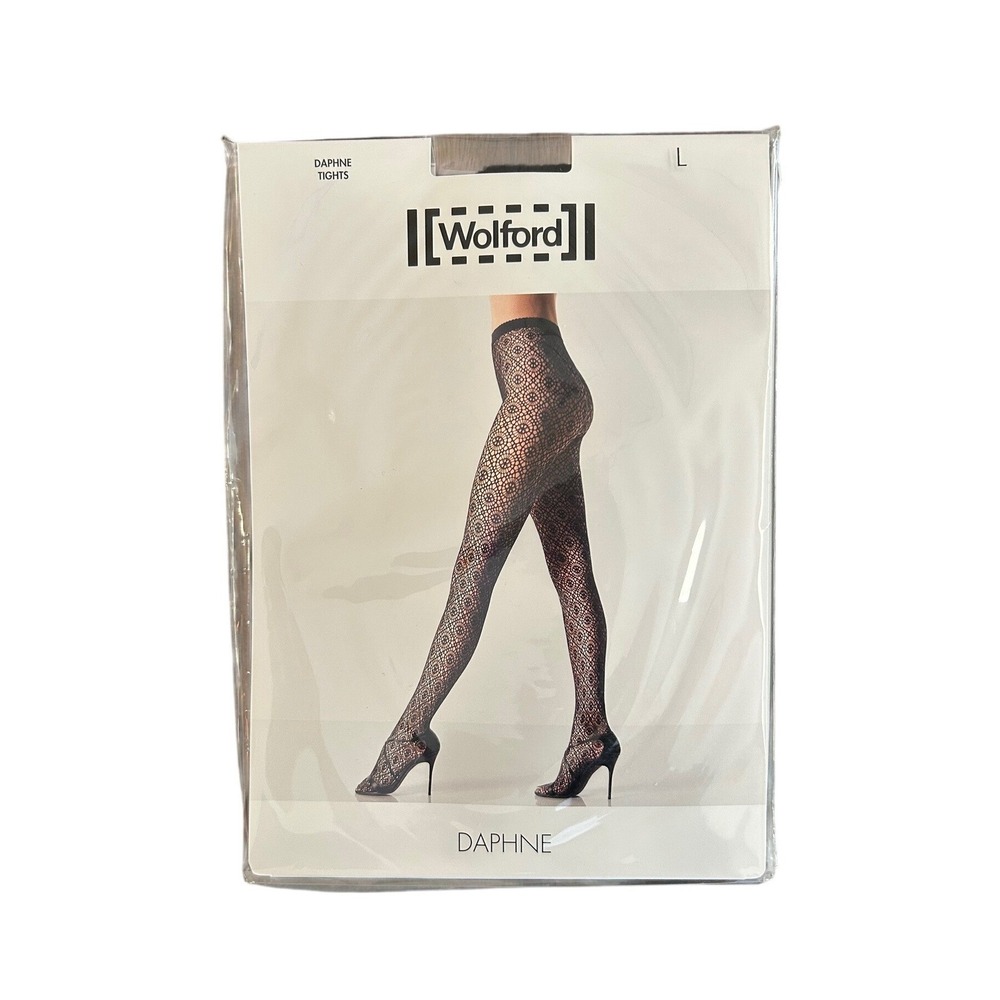 Wolford Daphne Boutique Black Lace Pattern Tights Size L Sheer Pantyhose